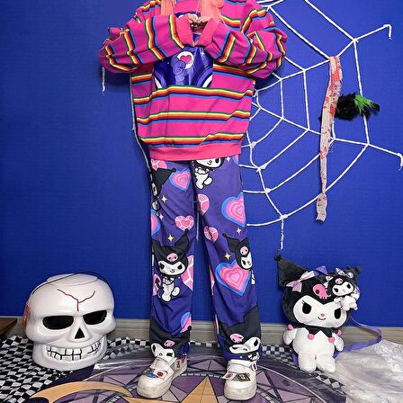 Kuromi & Heart Collage Purple Wide Leg Unisex Tracksuit