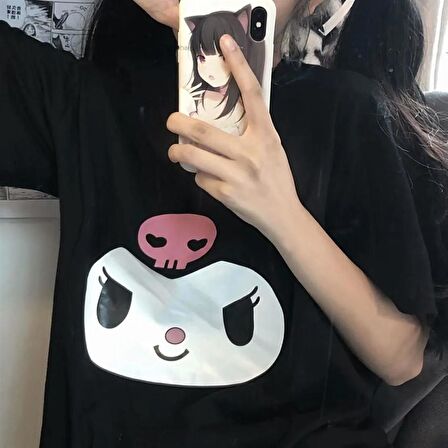 Kuromi Face Baskılı Siyah Unisex Oversize T-shirt