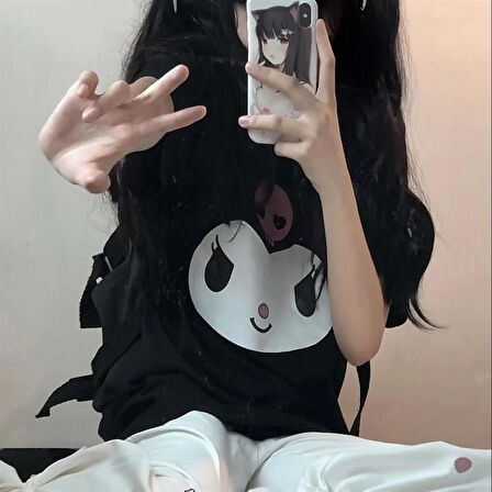 Kuromi Face Baskılı Siyah Unisex Oversize T-shirt