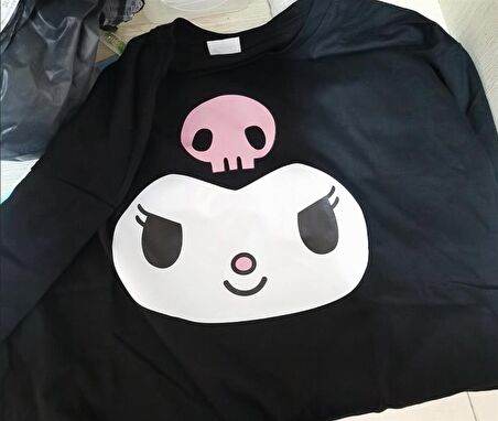 Kuromi Face Baskılı Siyah Unisex Oversize T-shirt