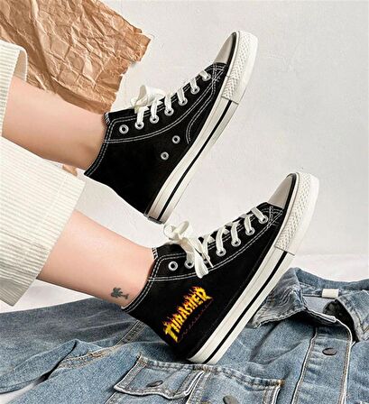 Thrasher Baskılı Siyah Unisex Kanvas Ayakkabı