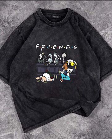 Yıkamalı Friends Baskılı Unisex Oversize Vintage Eskitme T-shirt