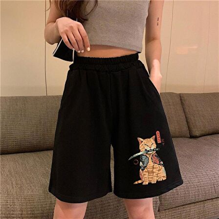 Killer Cat Baskılı Siyah Unisex Penye Şort