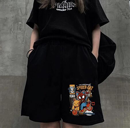 Spider-Cat Baskılı Siyah Unisex Penye Şort