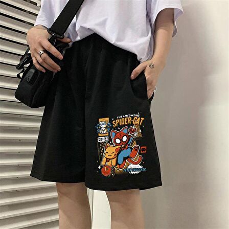 Spider-Cat Baskılı Siyah Unisex Penye Şort