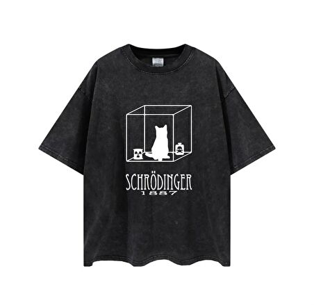 Yıkamalı Cat In Cube Baskılı Unisex Oversize Eskitme T-shirt
