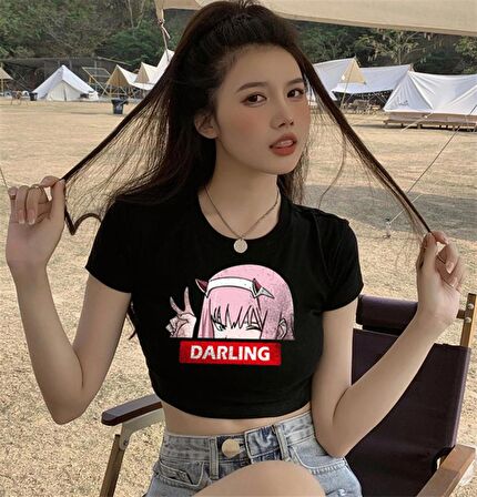 Zero Two Darling Baskılı Siyah Crop