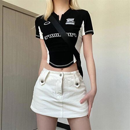 Y2k Rock More Zip Fermuarlı Siyah Crop