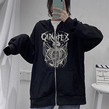 Carnifex Baskılı Oversize Fermuarlı Siyah Unisex Kapüşonlu Hırka