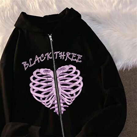 Black Three Cage Heart Baskılı Oversize Fermuarlı Siyah Unisex Kapüşonlu Hırka