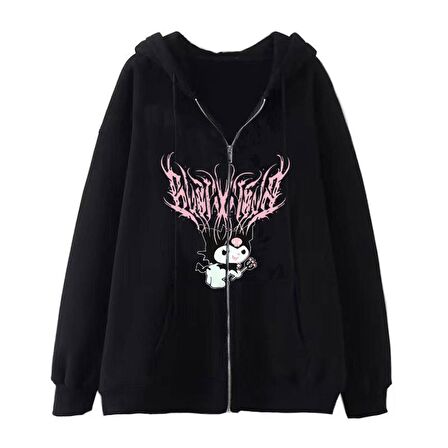 Kuromi Pink Baskılı Oversize Fermuarlı Siyah Unisex Kapüşonlu Hırka