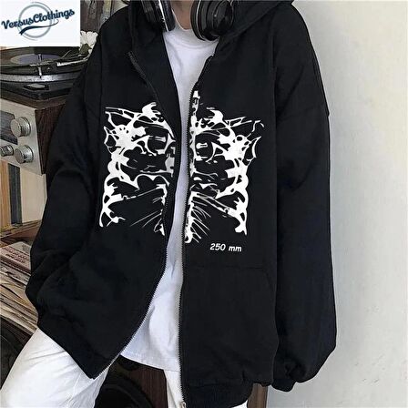 Aesthetic Skeleton Baskılı Oversize Fermuarlı Siyah Unisex Kapüşonlu Hırka