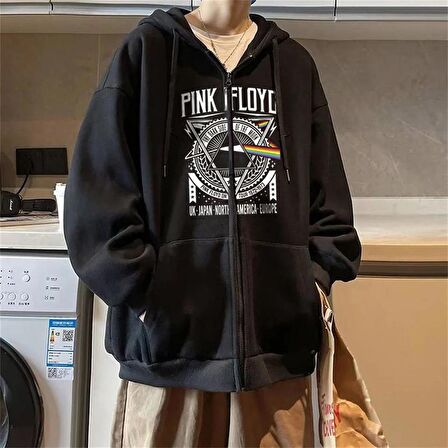 Pink Floyd Baskılı Oversize Fermuarlı Siyah Unisex Kapüşonlu Hırka