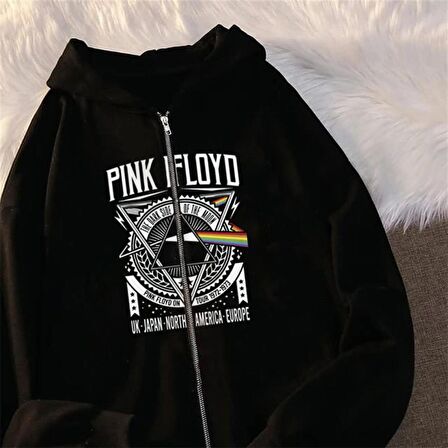 Pink Floyd Baskılı Oversize Fermuarlı Siyah Unisex Kapüşonlu Hırka