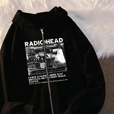 Radiohead Baskılı Oversize Fermuarlı Siyah Unisex Kapüşonlu Hırka