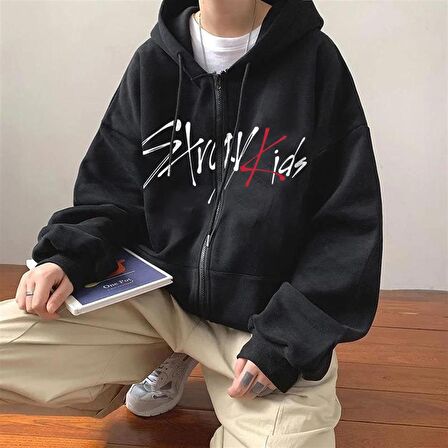 Stray Kids Baskılı Oversize Fermuarlı Siyah Unisex Kapüşonlu Hırka