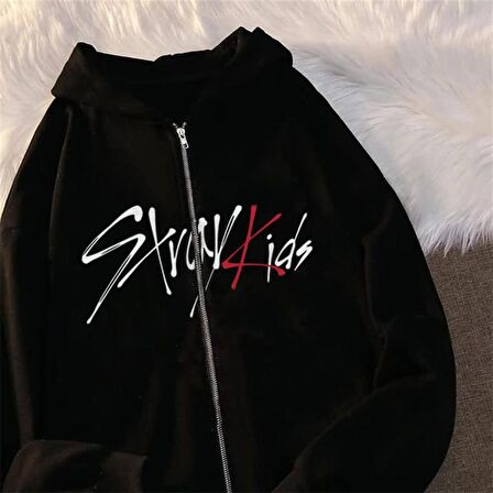 Stray Kids Baskılı Oversize Fermuarlı Siyah Unisex Kapüşonlu Hırka