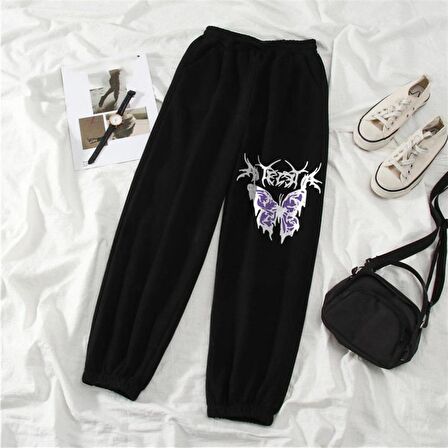 Gothic Purple Butterfly Baskılı Oversize Unisex Siyah Eşofman Altı