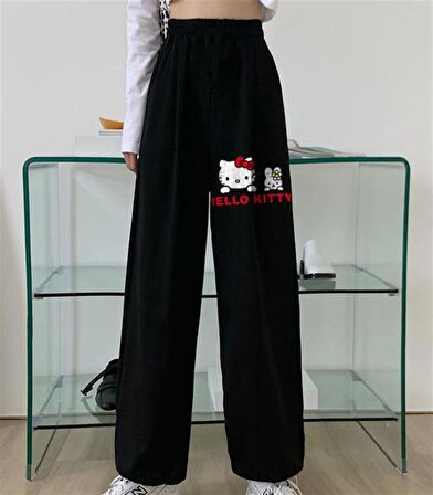 Hello Kitty Baskılı Oversize Unisex Siyah Eşofman Altı