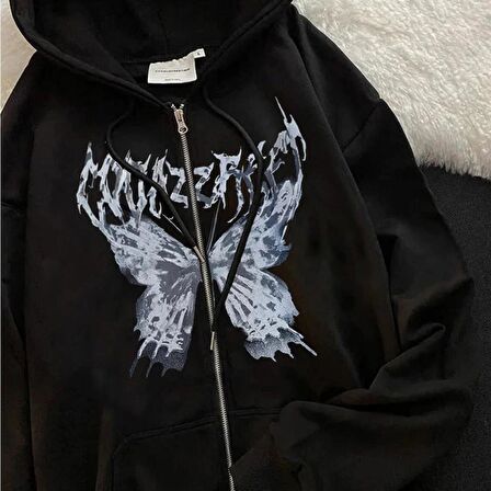 Harajuku Butterfly Kelebek Baskılı Oversize Fermuarlı Siyah Unisex Kapüşonlu Hırka