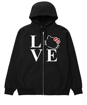 Love Cat Baskılı Oversize Fermuarlı Siyah Unisex Kapüşonlu Hırka