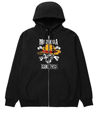 One Piece Mugiwara Baskılı Oversize Fermuarlı Siyah Unisex Kapüşonlu Hırka