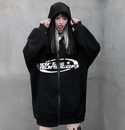 Partie Monsters Baskılı Oversize Fermuarlı Siyah Unisex Kapüşonlu Hırka