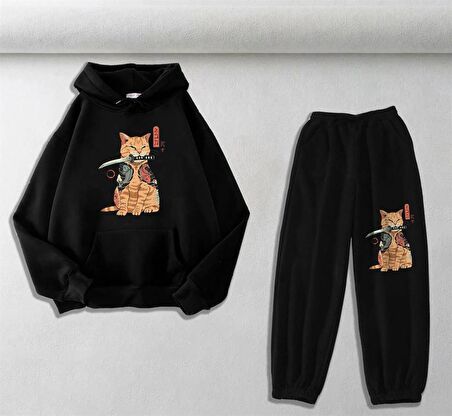 Killer Cat Baskılı Siyah Oversize Kapüşonlu Sweatshirt & Eşofman Altı Unisex İkili Takım