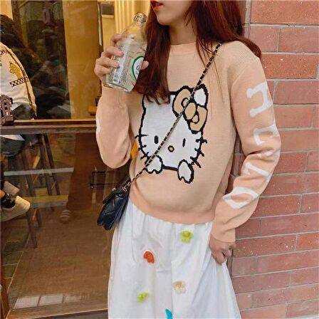 Harajuku Hello Kitty Kahverengi Oversize Crop Kazak