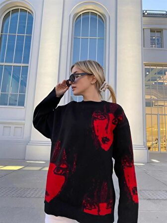 Y2K Streetwear Red Faces Oversize Unisex Siyah Kazak