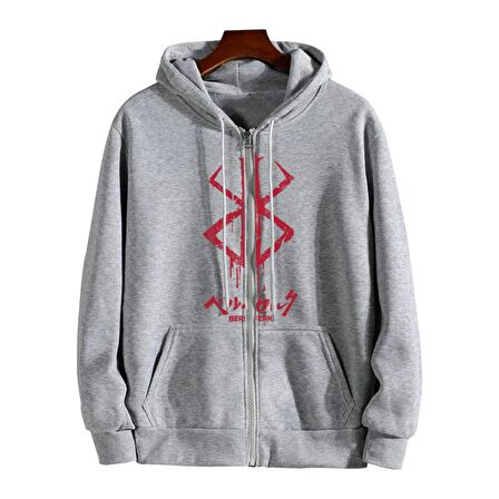 Berserk Logo Baskılı Oversize Fermuarlı Gri Unisex Kapüşonlu Hırka