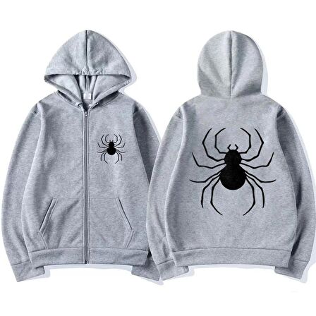 Dangerous Spider Ön-Arka Baskılı Oversize Fermuarlı Gri Unisex Kapüşonlu Hırka