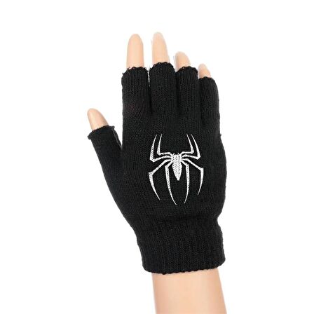 Spider Baskılı Unisex Siyah Kesik Çift Eldiven