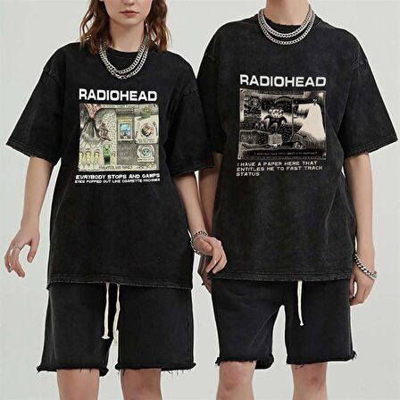 Yıkamalı Radiohead Baskılı Unisex Oversize Vintage Eskitme T-shirt