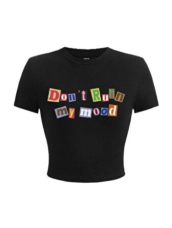 Y2k Slogan Baskılı Siyah Crop 