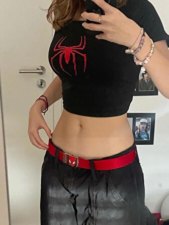 Y2k Spider Baskılı Siyah Crop 