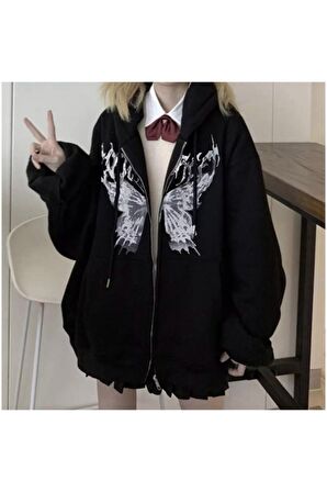 Touz Harajuku Butterfly Siyah (Unisex) Fermuarlı Kapşonlu