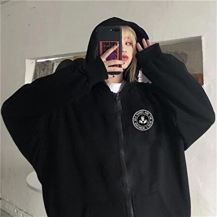 Devil Skull Baskılı Oversize Fermuarlı Siyah Unisex Kapüşonlu Hırka