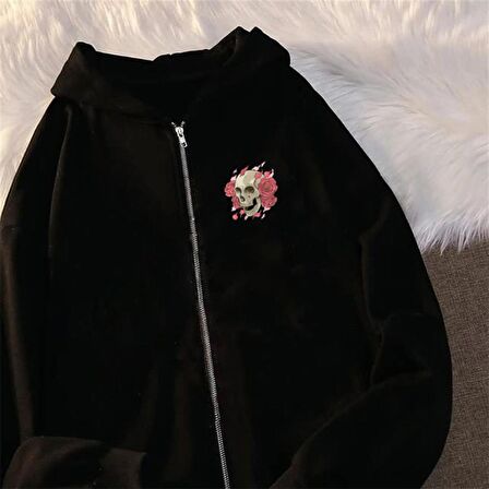 Skull & Flower Baskılı Oversize Fermuarlı Siyah Unisex Kapüşonlu Hırka