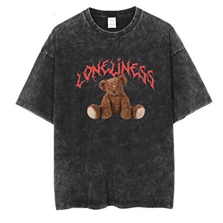 Yıkamalı 'Loneliness' Bear Unisex Eskitme T-shirt