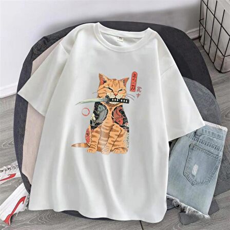 Killer Cat Baskılı Beyaz Unisex Oversize T-shirt