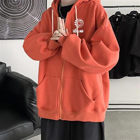 Blink Smile Baskılı Oversize Fermuarlı Turuncu Unisex Kapüşonlu Hırka