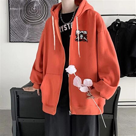 Misfits Skull Baskılı Oversize Fermuarlı Turuncu Unisex Kapüşonlu Hırka