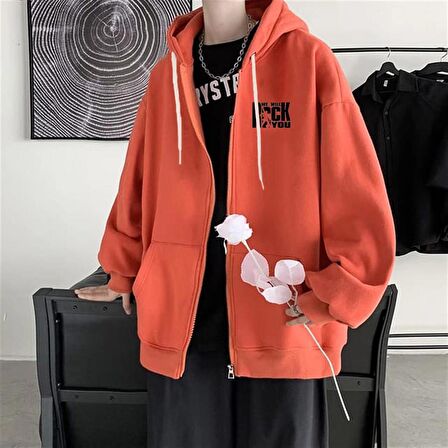'We Will Rock You' Baskılı Oversize Fermuarlı Turuncu Unisex Kapüşonlu Hırka