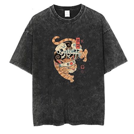 Yıkamalı Skeleton Cat Unisex Eskitme T-shirt