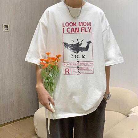 'Look Mom I Can Fly' Beyaz Unisex Oversize T-shirt