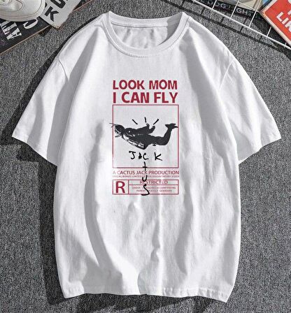 'Look Mom I Can Fly' Beyaz Unisex Oversize T-shirt