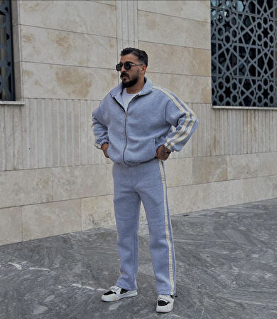 Pierce Şerit Detaylı Baggy Kalıp Erkek Relax Fit Pamuklu Basıc Takım Eşofman