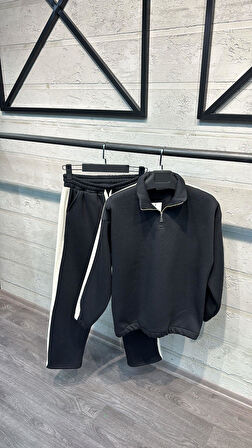 Chester Siyah Beyaz Vintage Yarım Fermuar Şerit Detaylı Baggy Kalıp Erkek Eşofman   