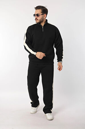 Chester Siyah Beyaz Vintage Yarım Fermuar Şerit Detaylı Baggy Kalıp Erkek Eşofman   